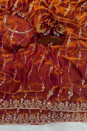 Orange Color Embroidered Space Silk Saree