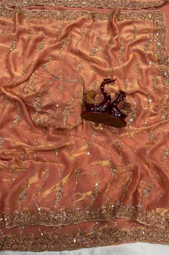 Peach Color Embroidered Space Silk Saree