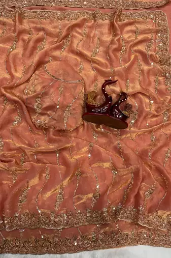 Peach Color Embroidered Space Silk Saree