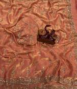 Peach Color Embroidered Space Silk Saree