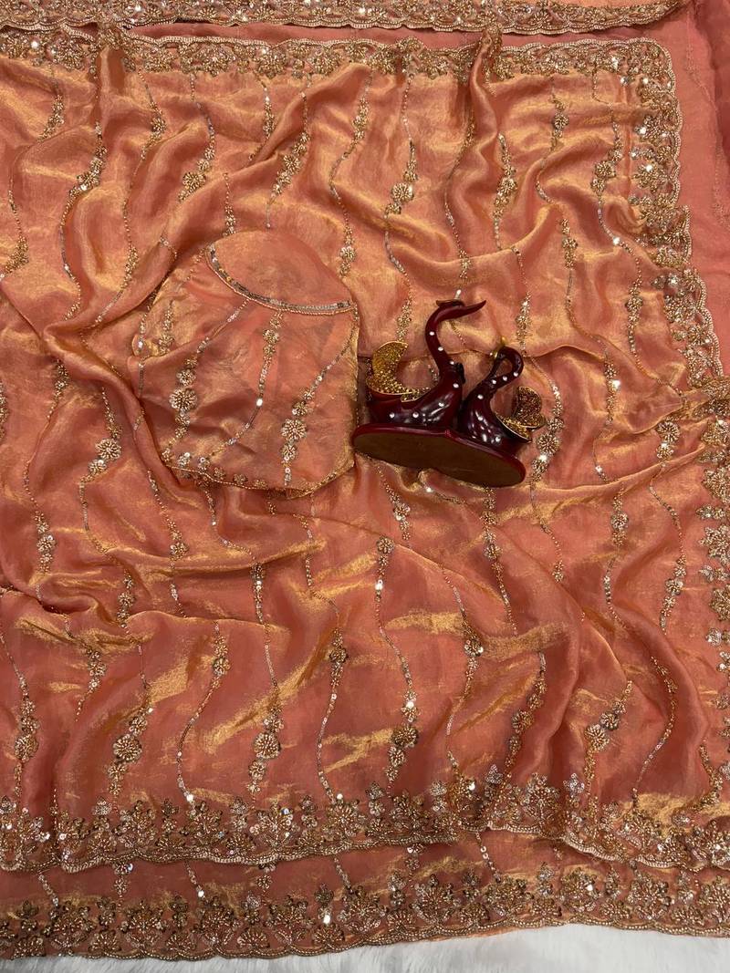 Peach Color Embroidered Space Silk Saree