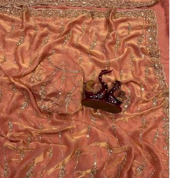 Peach Color Embroidered Space Silk Saree 2