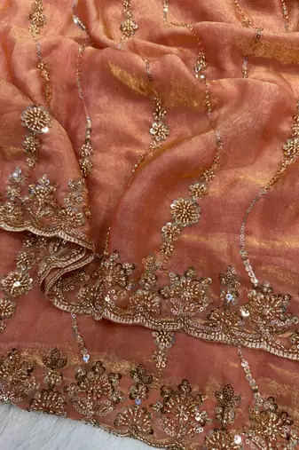 Peach Color Embroidered Space Silk Saree