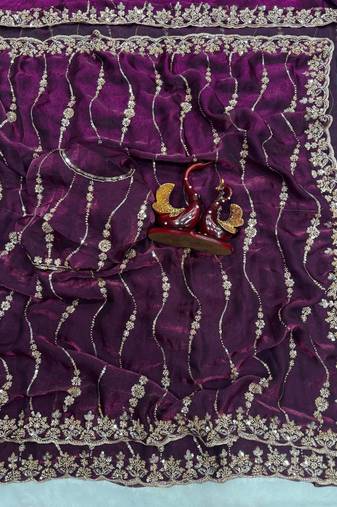 Plum Color Embroidered Space Silk Saree