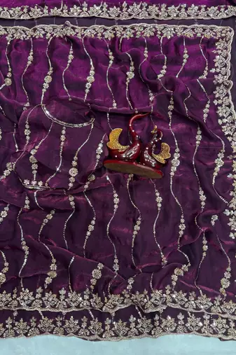 Plum Color Embroidered Space Silk Saree