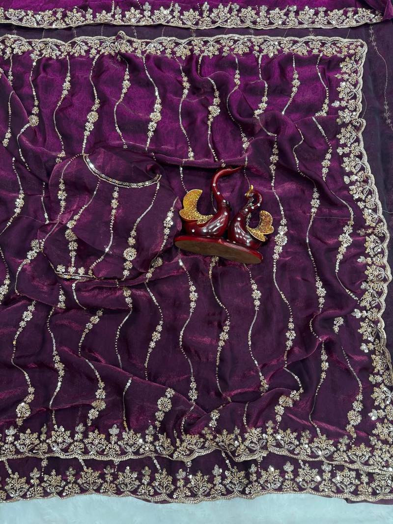 Plum Color Embroidered Space Silk Saree