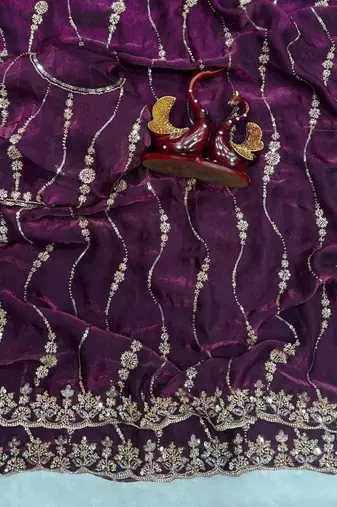 Plum Color Embroidered Space Silk Saree