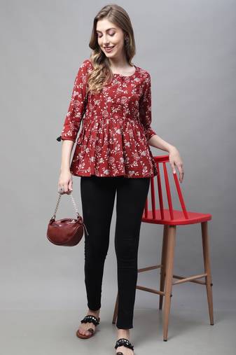 Brown women's pure cotton jaipuri printed short top