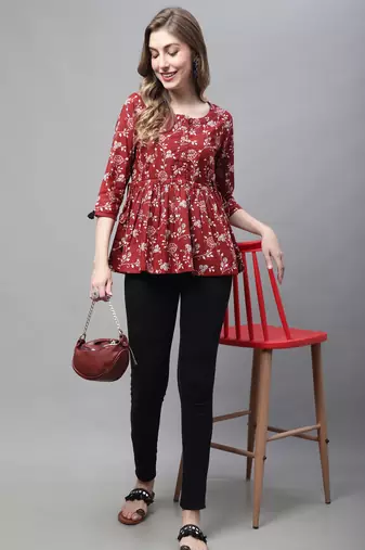 Brown women's pure cotton jaipuri printed short top