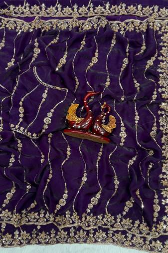 Purple Color Embroidered Space Silk Saree
