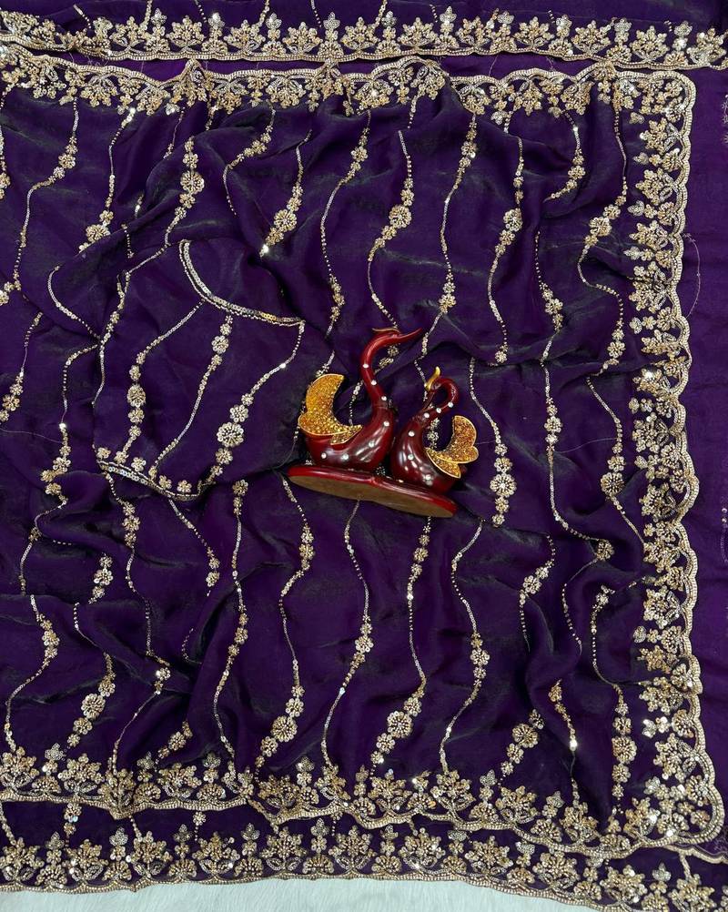 Purple Color Embroidered Space Silk Saree