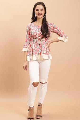 Cream  women's pure cotton jaipuri printed short top