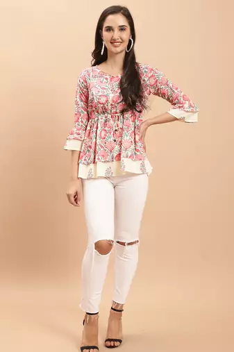 Cream  women's pure cotton jaipuri printed short top