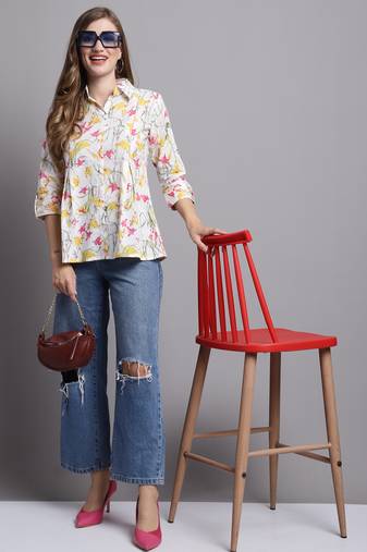 Off white women's pure cotton jaipuri printed short top