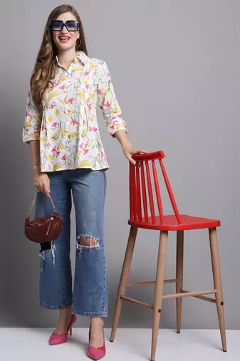 Off white women's pure cotton jaipuri printed short top