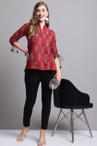 Maroon women's pure cotton jaipuri printed short top