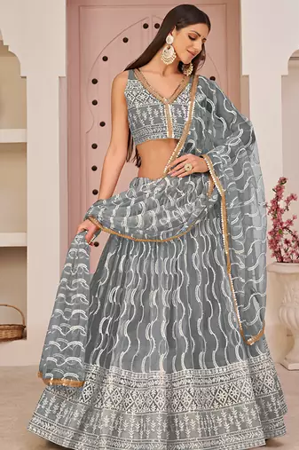 Grey Thread & Sequins Embroidery Work Net Lehenga