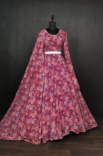 Purple Faux Georgette Printed Gown     Stylish & Lightweight