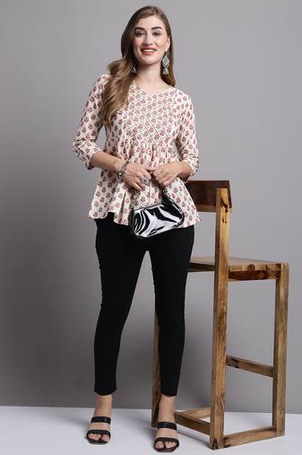 Beige women's pure cotton jaipuri printed short top