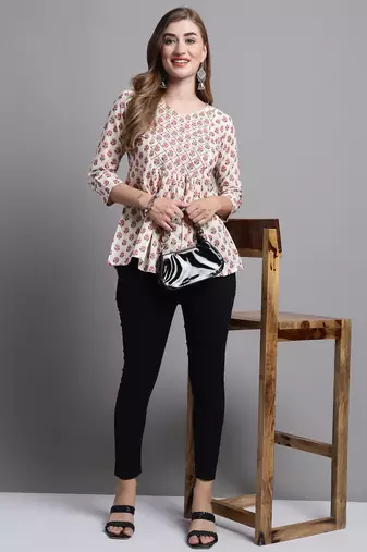 Beige women's pure cotton jaipuri printed short top