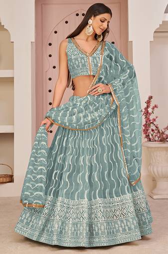 Sky Blue Thread & Sequins Embroidery Work Net Lehenga