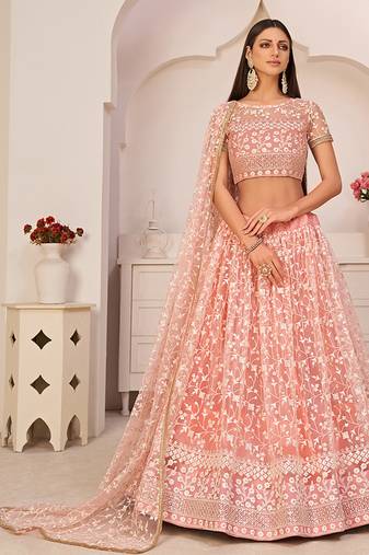 Peach Thread & Sequins Embroidery Work Net Lehenga