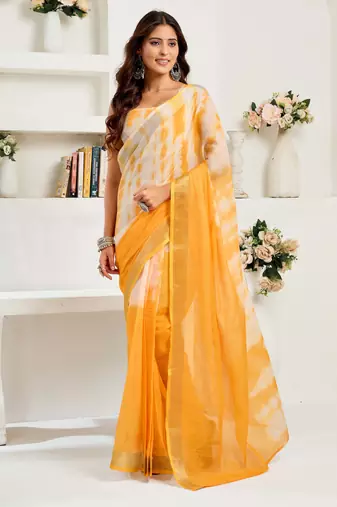 Yellow linen printed one minute saree with zari border and unstitched blouse | easy draping designer saree