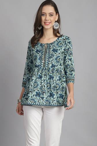 Sea green women's pure cotton jaipuri printed short top