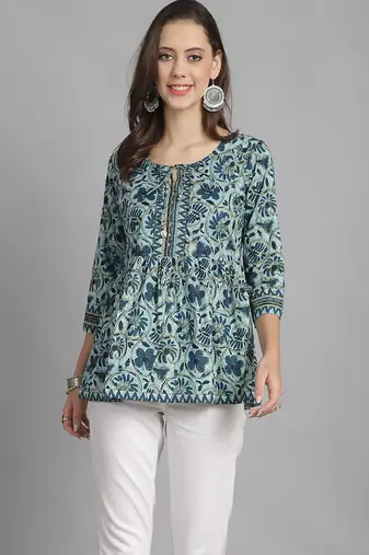 Sea green women's pure cotton jaipuri printed short top