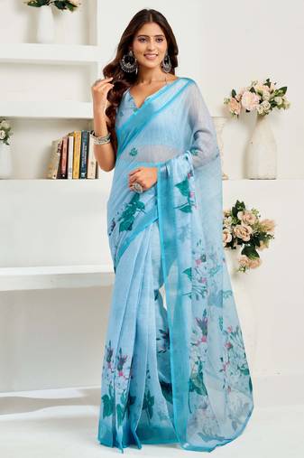 Sky blue ready to wear linen floral print saree with unstitched blouse | quick drape designer saree