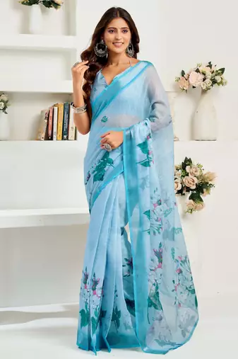 Sky blue ready to wear linen floral print saree with unstitched blouse | quick drape designer saree