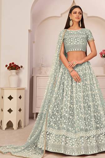 Pista Green Thread & Sequins Embroidery Work Net Lehenga