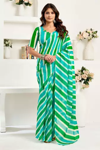 Green linen printed ready to wear one minute saree | stripes print designer saree with unstitched blouse