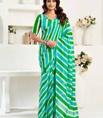 Green linen printed ready to wear one minute saree | stripes print designer saree with unstitched blouse