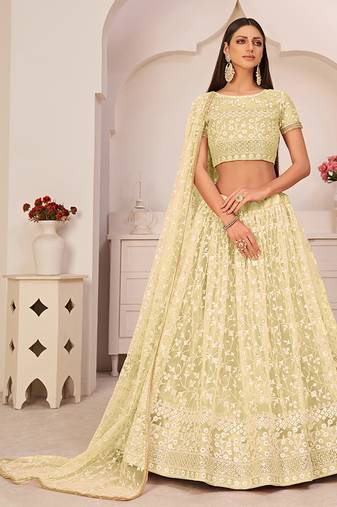 Yellow  Thread & Sequins Embroidery Work Net Lehenga
