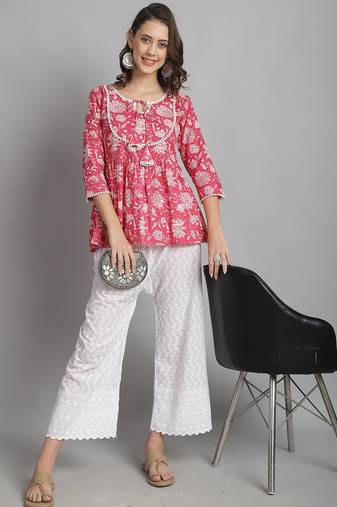 Pink & white women's pure cotton jaipuri printed short top