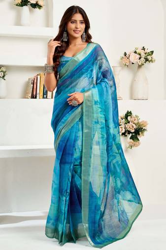 Blue printed linen designer saree with zari border one minute saree with unstitched blouse