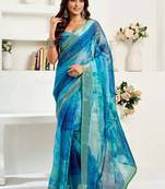 Blue printed linen designer saree with zari border one minute saree with unstitched blouse