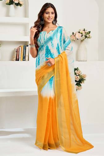 Aqua blue linen printed tie dye designer saree with zari border one minute saree blouse