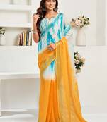 Aqua blue linen printed tie dye designer saree with zari border one minute saree blouse