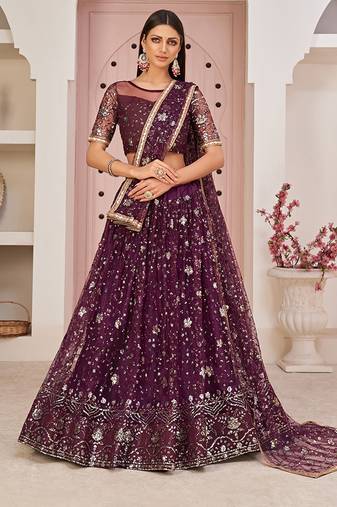 Wine Thread & Sequins Embroidery Work Net Lehenga