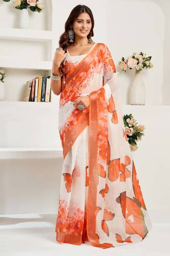 Orange linen printed designer border one minute saree with unstitched blouse for casual & daily wear