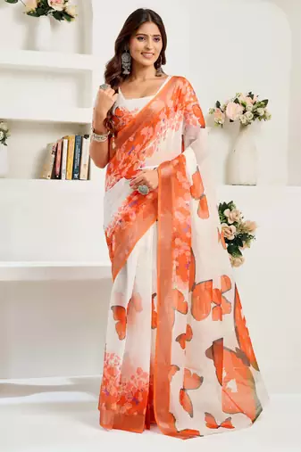 Orange linen printed designer border one minute saree with unstitched blouse for casual & daily wear