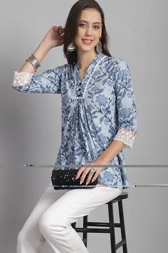 Sky blue women's pure cotton jaipuri printed short top