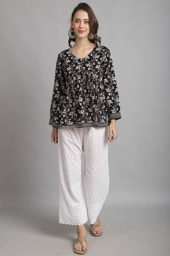 Black women's pure cotton jaipuri printed short top