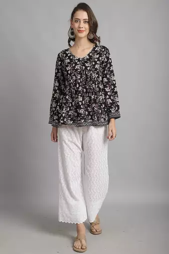 Black women's pure cotton jaipuri printed short top