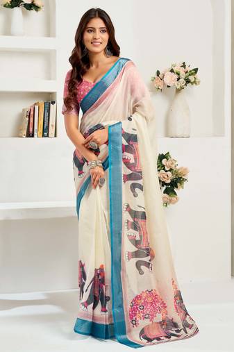 Cream linen printed designer traditional saree with zari border one minute style with unstitched blouse