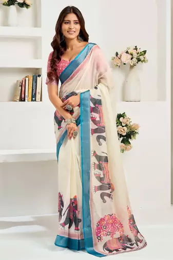 Cream linen printed designer traditional saree with zari border one minute style with unstitched blouse