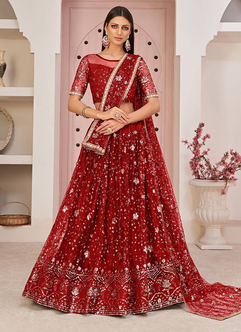 Red Thread & Sequins Embroidery Work Net Lehenga