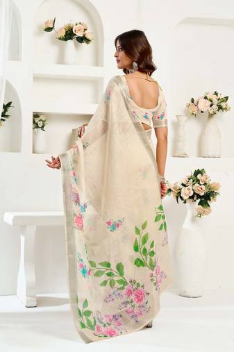 Light beige printed linen one minute saree with unstitched blouse designer traditional ready to wear saree